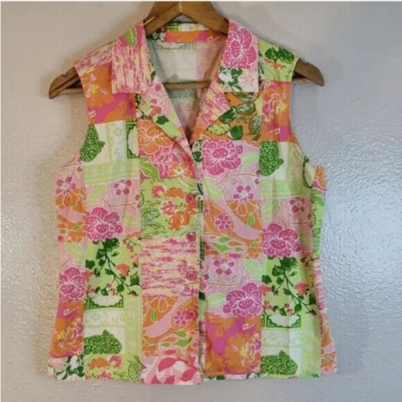 Tahiti Reef Tops - Tahiti Reef Club Tropical Floral Bright Sleeveless Patchwork Button Down Shirt